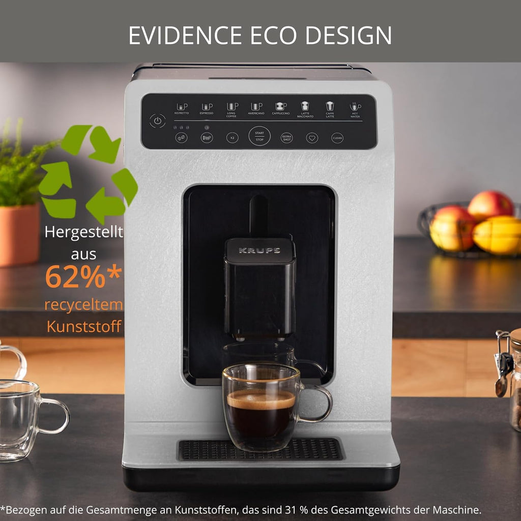 KRUPS Evidence ECOdesign Kaffeevollautomat mit Milchschlauch, 7 Getränkeoptionen, 2-Tassen-Funktion, Recyceltes Material, Kaffeemaschinemit Bedienfeld, Weiß/Schiefer, EA897A10