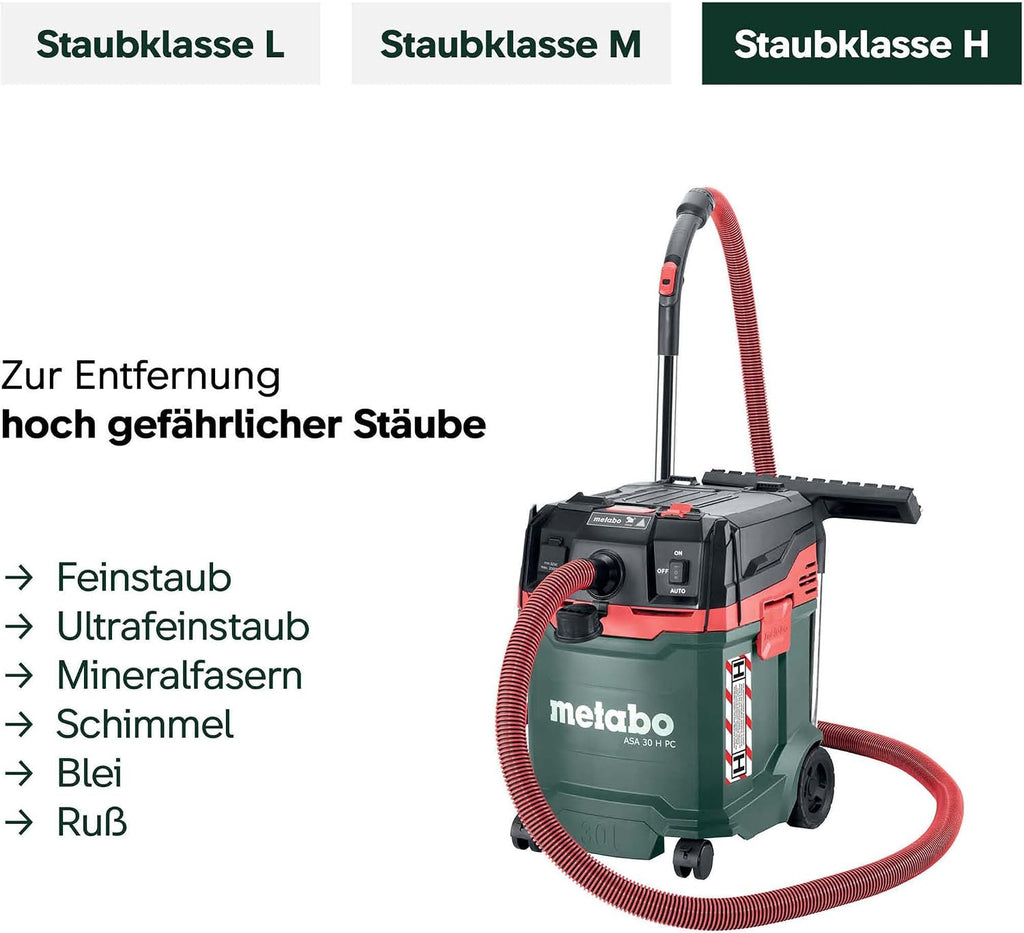 metabo ASA 30 H PC All-Purpose Vacuum Cleaner, Wet/Dry Vacuum Cleaner, Dust Class H, 1200 W