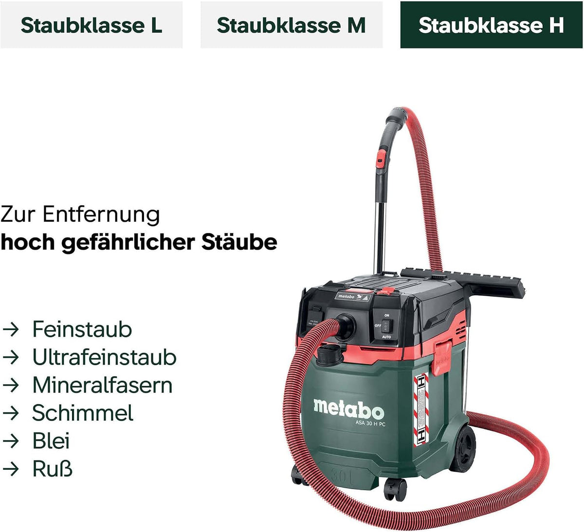 metabo ASA 30 H PC All-Purpose Vacuum Cleaner, Wet/Dry Vacuum Cleaner, Dust Class H, 1200 W
