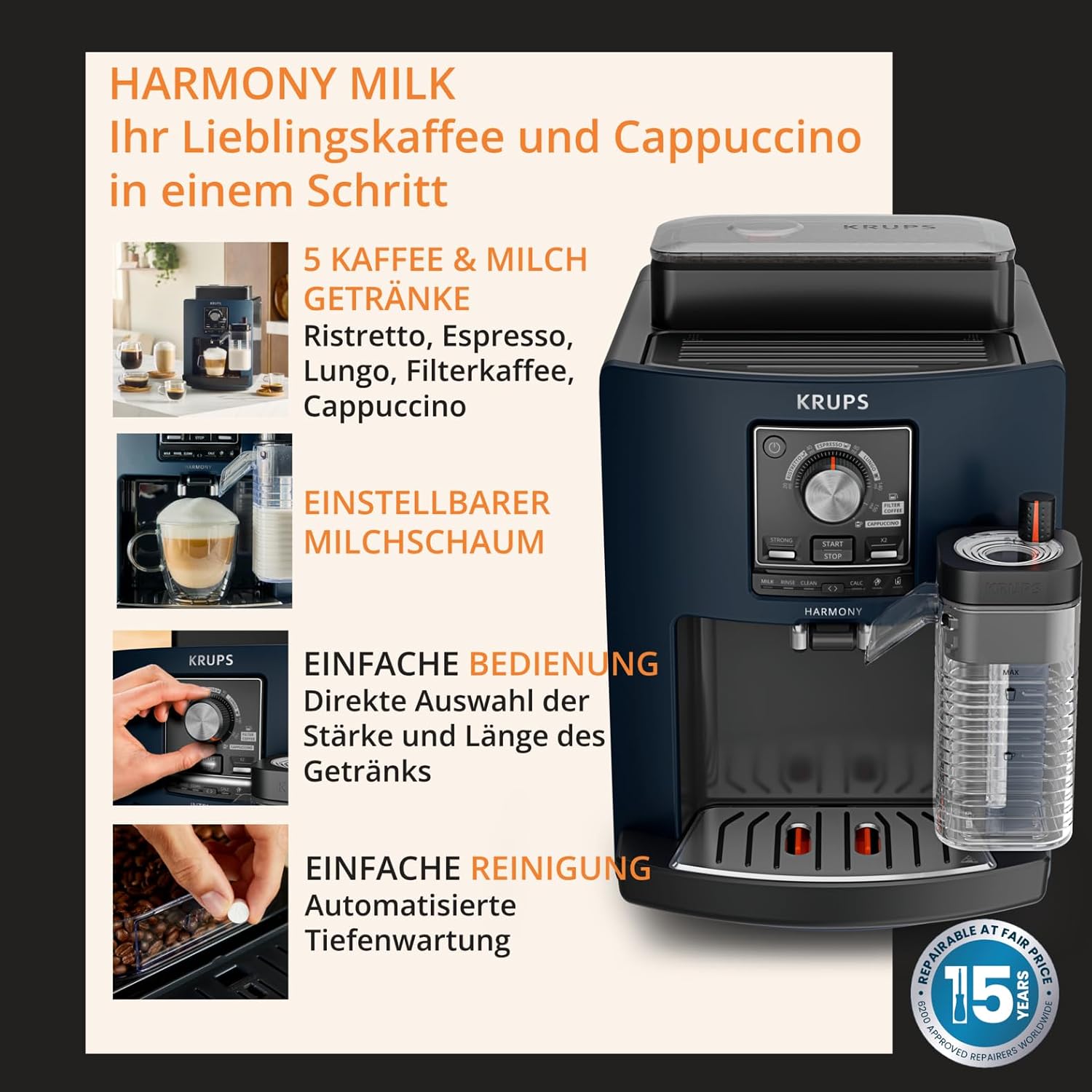 KRUPS Harmony Milk Kaffeevollautomat, 5 Kaffeespezialitäten