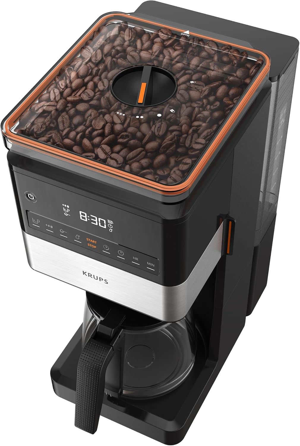 KRUPS Grind Aroma XL Filterkaffeemaschine, abnehmbares Kegelmahlwerk, digitales Bedienfeld, XL-Fassungsvermögen (1,5 L), Warmhaltefunktion, Glaskanne, Schwarz/Edelstahl, KM842810