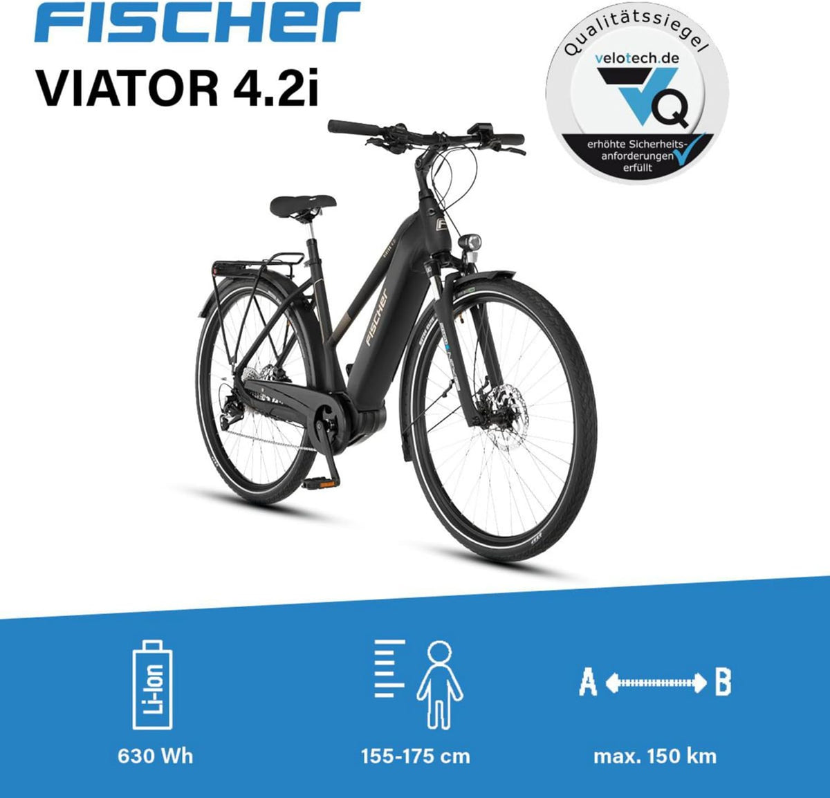 Fischer E-Bike Trekking VIATOR 4.2i Active Electric Bicycle for Men and Women, RH 50, Mid Motor 80 Nm, 36 V Battery