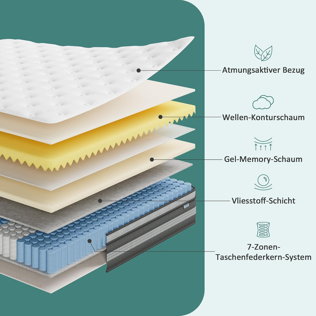 180x200 cm Matratze, 30cm höhe, H3 Taschenfederkernmatratze, Gel Memory Foam Hybrid, Taschenfederkern, Atmungsaktiv, Mittelfest, Druckentlastung, Federkernmatratzen Öko-Tex Zertifiziert