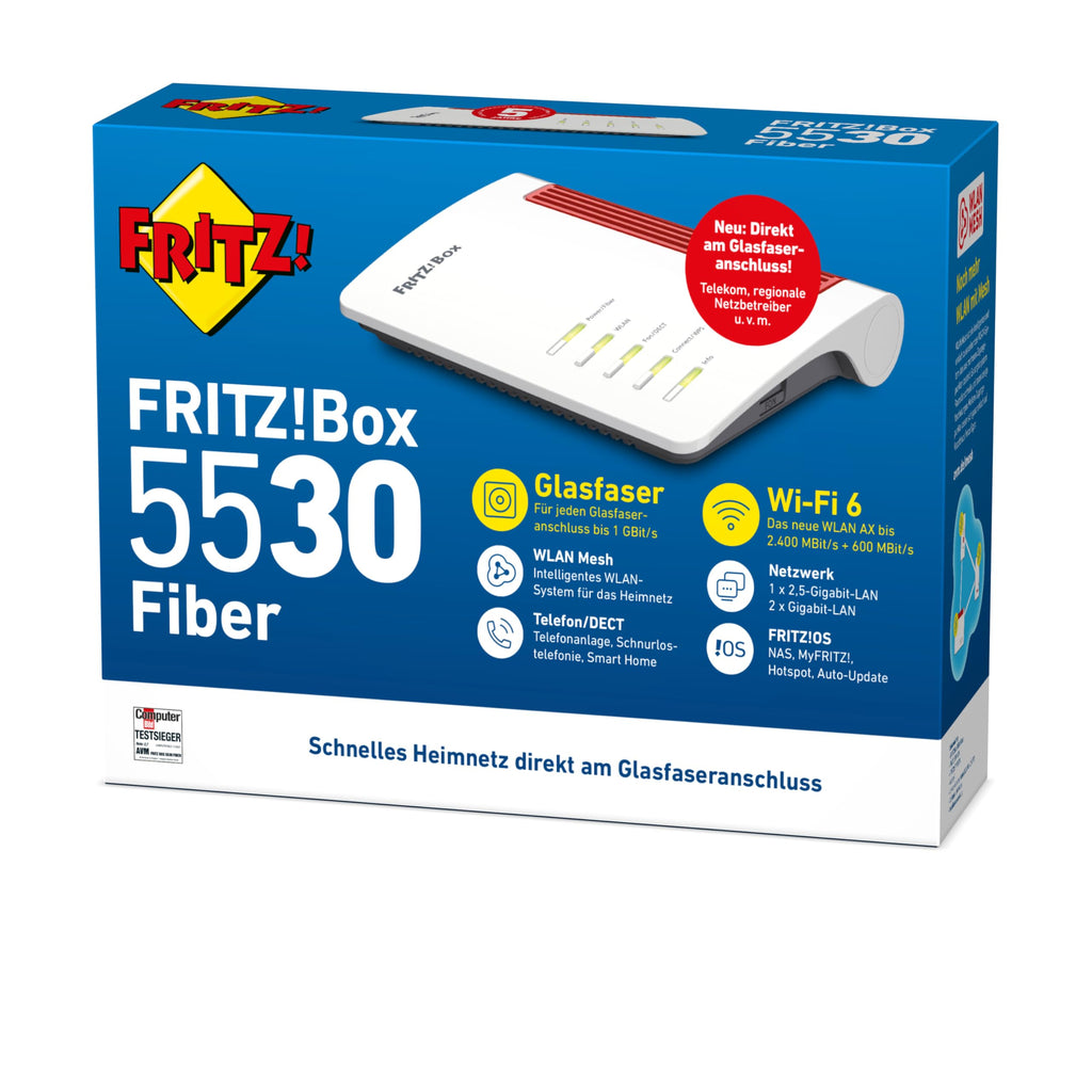 FRITZ!Box 5530 Fiber – Glasfaser-Router mit Wi-Fi 6 & 2.5-Gigabit-LANo