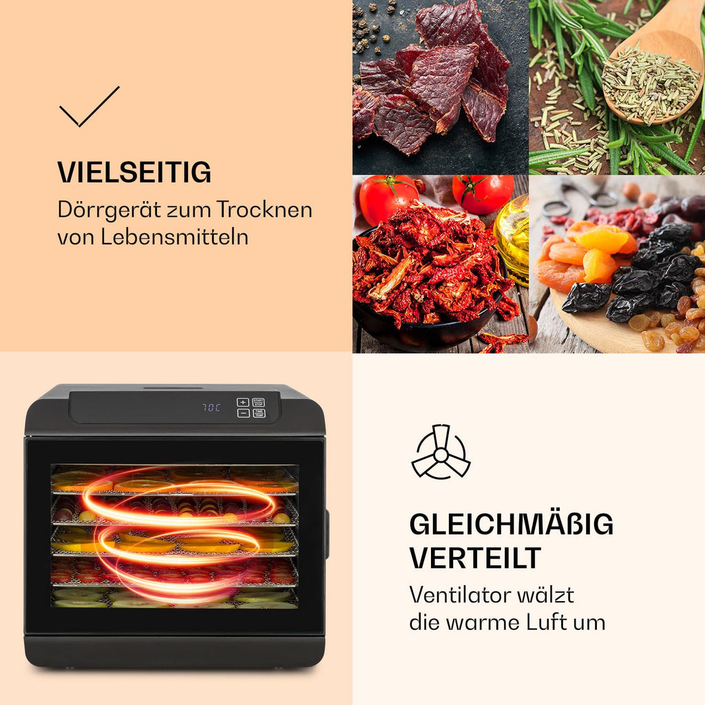 Klarstein Arizona Jerky Dörrautomat - Dörrgerät, Dehydrator, trocknet Obst, Fleisch und Früchte, 500 Watt, 35-70°C, 6 spülmaschinenfeste Einlagefächer, kurze Trockenzeit, Touch-Display, schwarzo