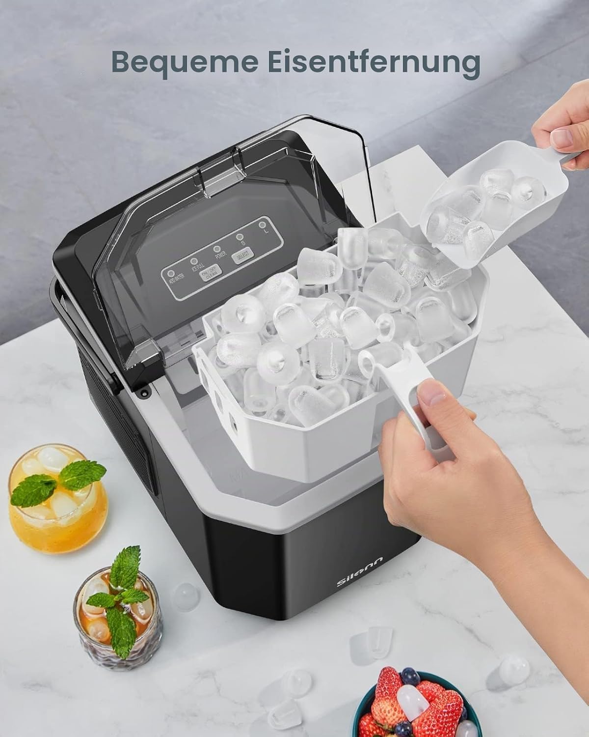 Silonn Ice Cube Machine with Handle Ice Cube Basket - Portable & Self-Cleaning, Mini Ice Maker 9 Ice Cubes / 6 Minutes 12 kg/day, Easy to Remove Ice Cubes and Use Anywhere