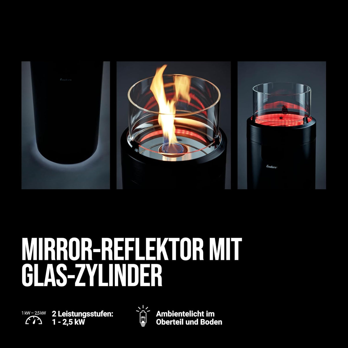 Enders® NOVA Table M Gas-Terrassenfeuer, kompakte Gas-Feuerstelle für Terrasse und Balkon, stimmungsvolles Flammenbild, Ambiente-Beleuchtung, Glaszylinder, Reflektor, #5900