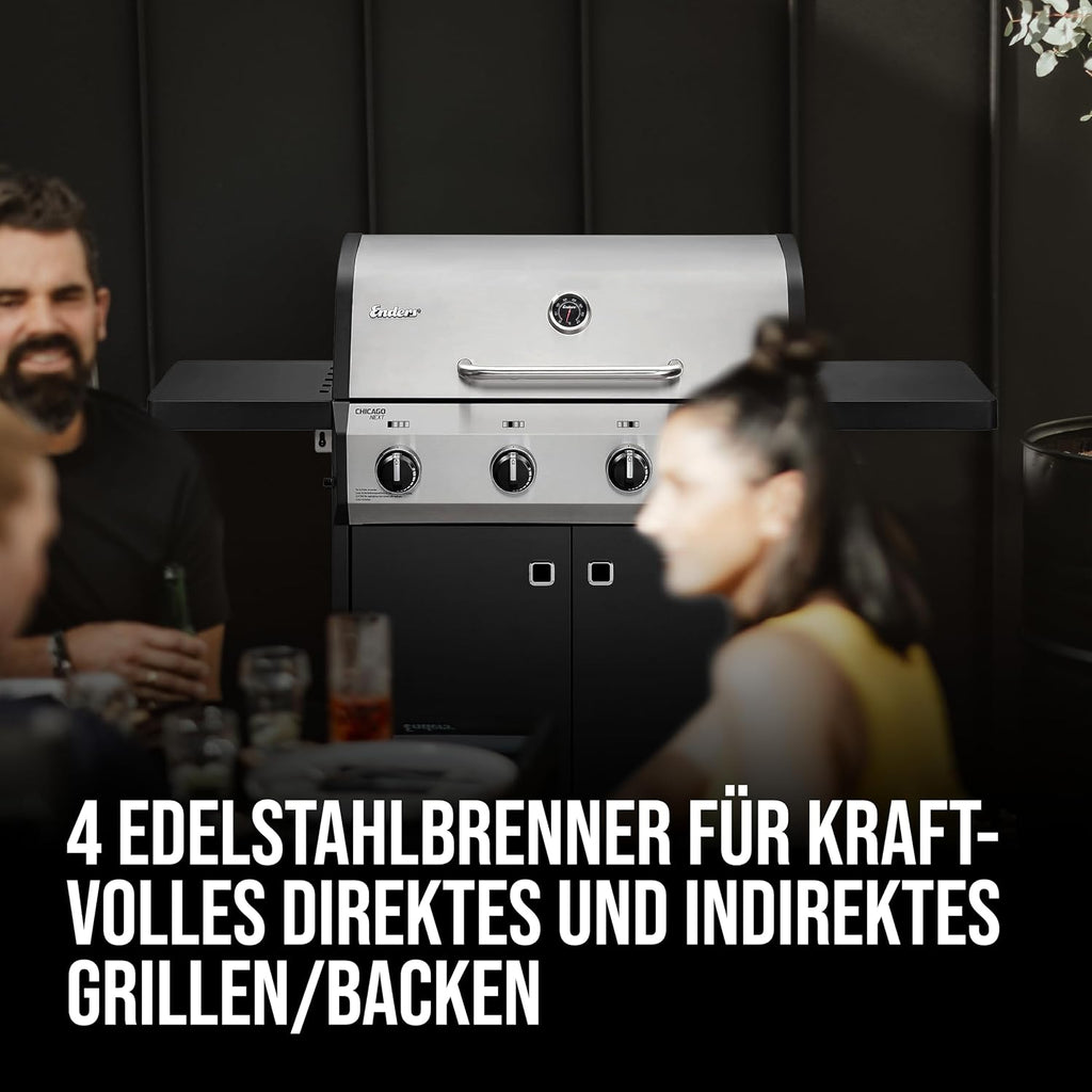 Enders® Gasgrill CHICAGO NEXT 4 R Turbo, 4 Edelstahlbrenner, doppelwandige Garhaube, 2 abklappbare Seitenablagen, integriertes Thermometer - SWITCH GRID™ 13.0 kW, 800 °C TURBO ZONE™, #89366
