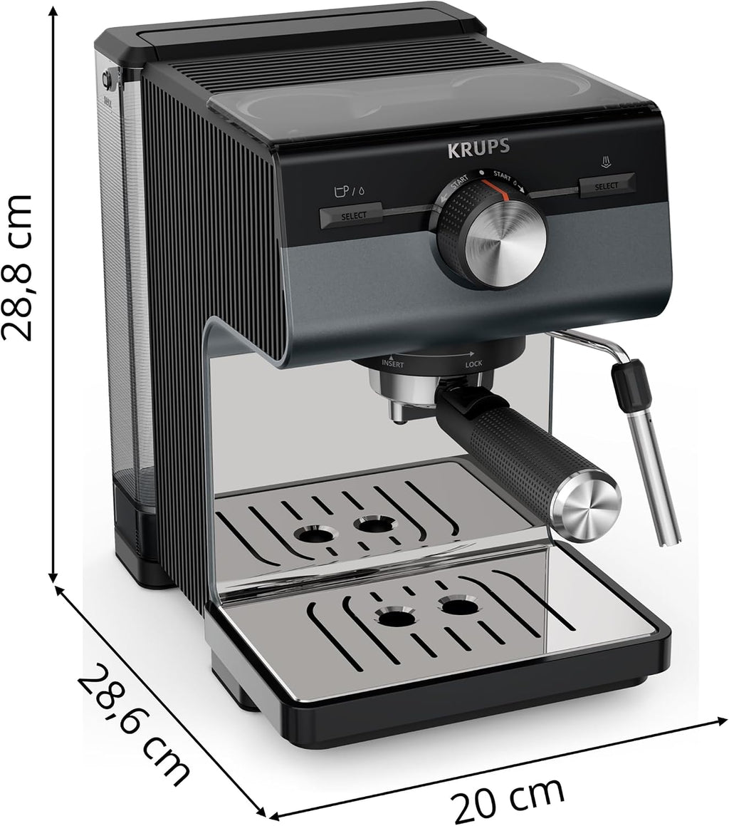 Krups Authentic+ Espresso-Siebträgermaschine, 15 bar, intuitive Bedienung, raffiniertes Design, Dampfdüse, inkl. umfangreichem Zubehör, Bullet Dark Silver/Edelstahl, XP384G10