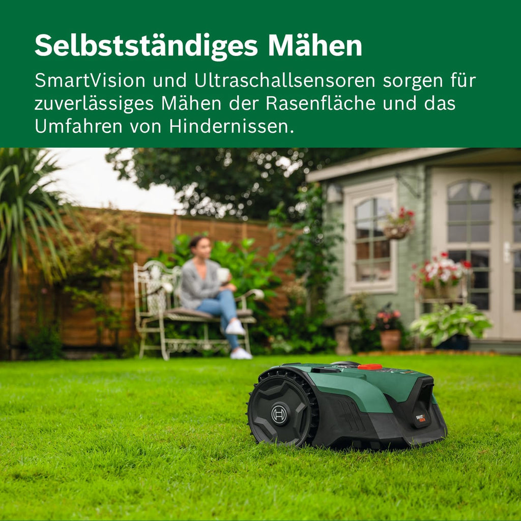 Bosch Akku-Mähroboter VISIMOW18V-200 (für Rasenflächen bis 200 m², Schnittbreite: 18 cm, Schnitthöhe: 20-60 mm, mit Ersatzmessern, inkl. Akku und Ladegerät)