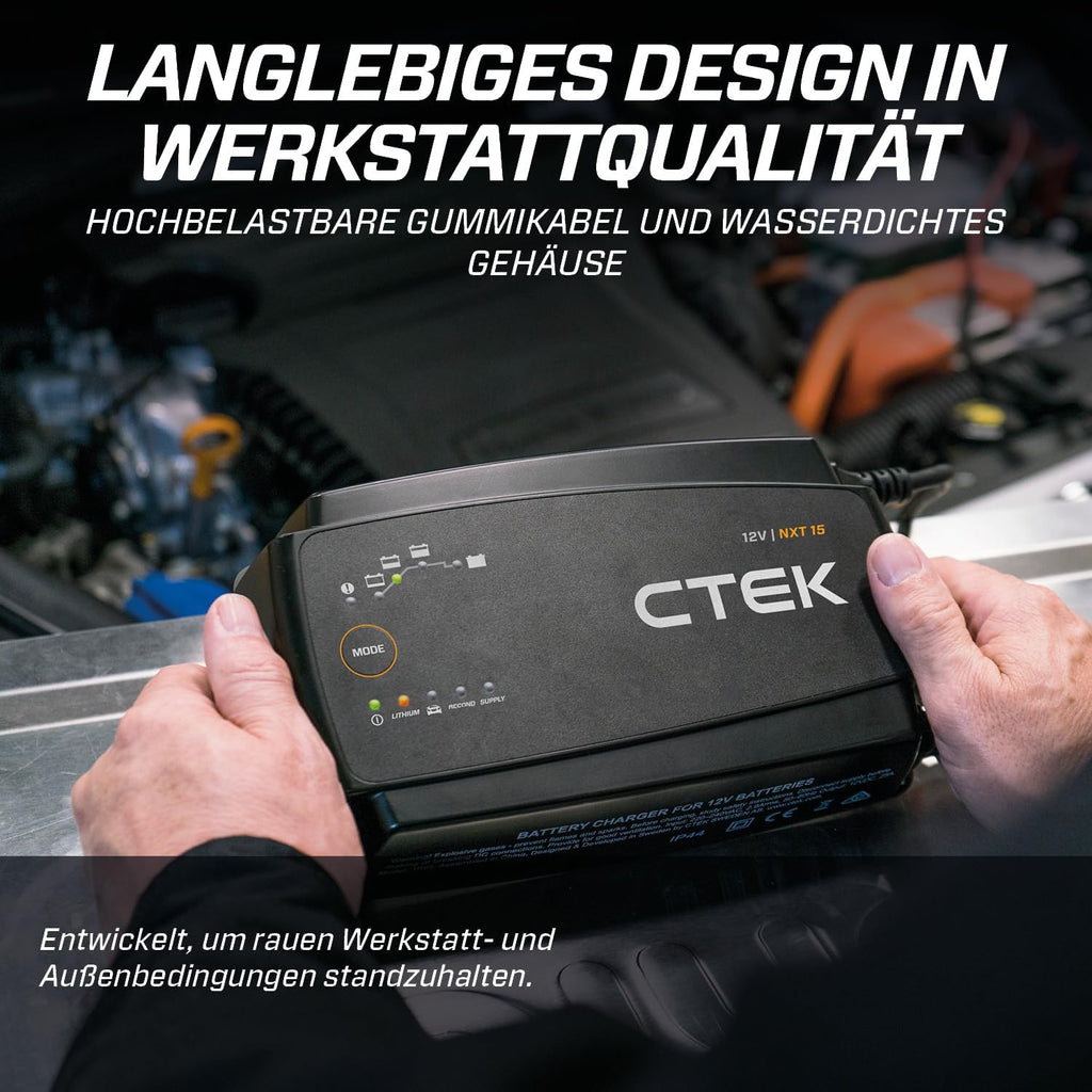 CTEK NXT 15 Smart Battery Charger 12V 15A Lithium Compatible Reconditioning and Supply Mode Temperature Compensation Battery Maintenance Device for Motor Vehicles, Boats and RVs