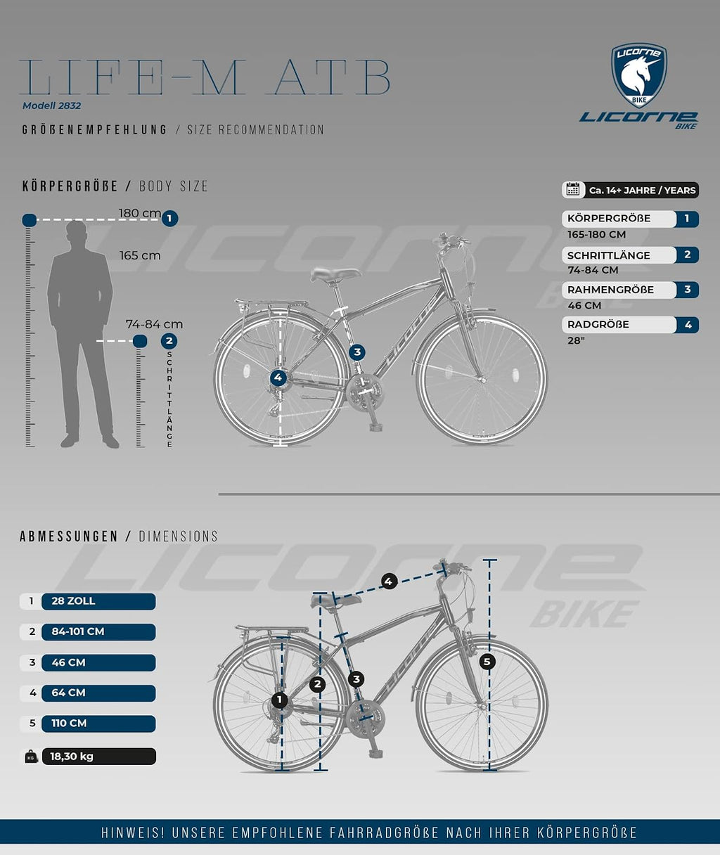 Licorne Bike Premium Trekking Bike in 28" Fahrrad für Herren Jungen Damen und 21 Gang Schaltung Citybike Life M-V-ATB