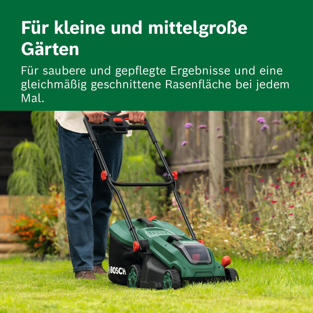 Bosch Akku-Rasenmäher ROTAK18V-34 (Schnittbreite: 34 cm, Schnitthöhe: 25-65 mm, 35 l Stoff-Grasfangkorb, Mulchstopfen, inkl. Akku und Ladegerät)