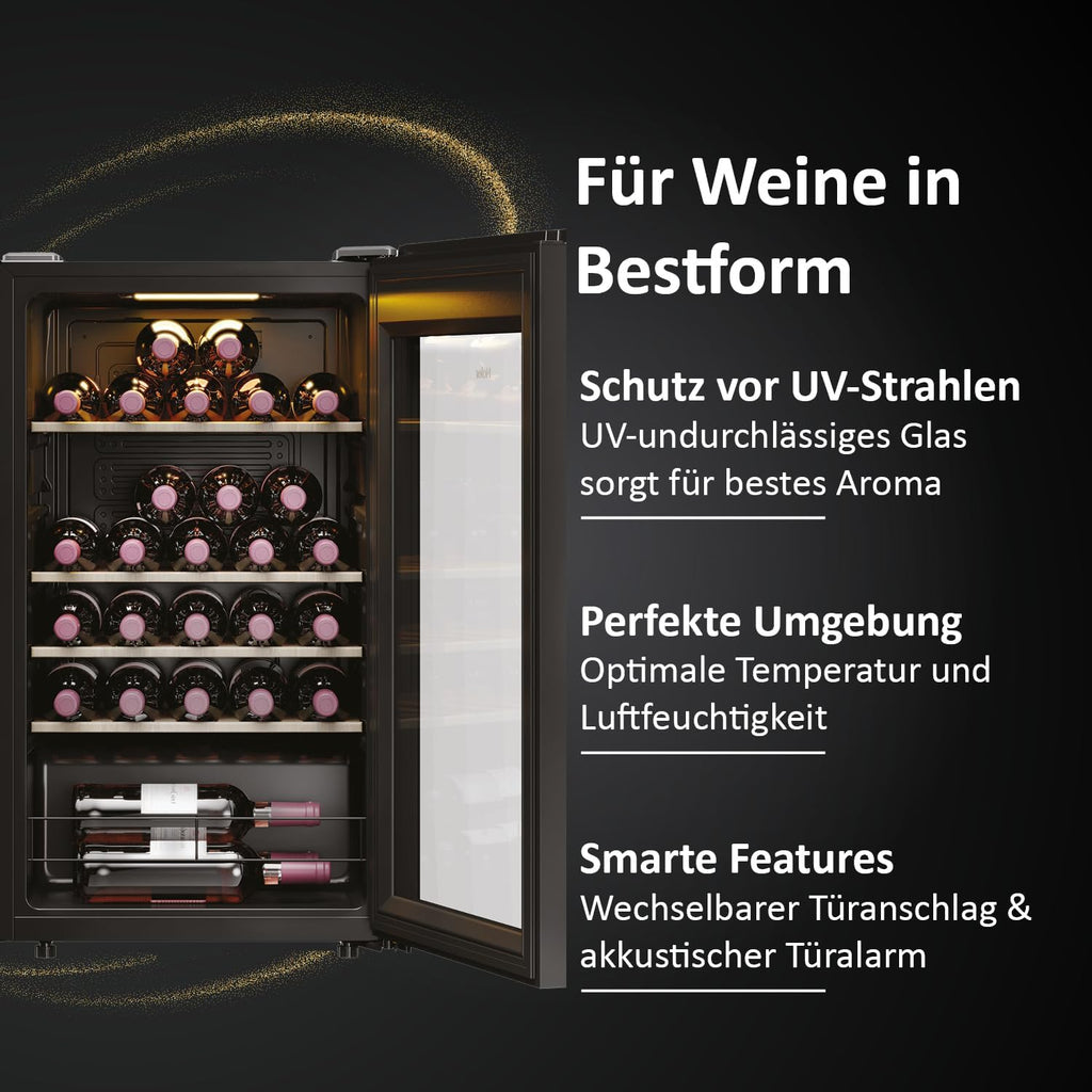 Haier HWS34GGH1 Series 3 Wine Fridge | For 34 bottles, modern wine fridge with UV glass door and 5 wooden shelves, wine cooler with Wi-Fi and touch display