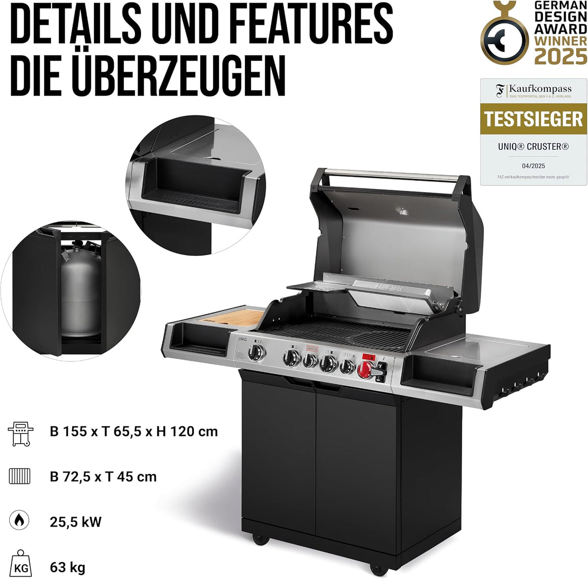 Enders® Gasgrill UNIQ 4 IK CRUSTER®, 4-Edelstahlbrenner, mehrstufige Drehregler, 800 °C TURBO ZONE™, SWITCH GRID™, HEAT RANGE™, SIMPLE CLEAN™, doppelwandige Garhaube, GN ½ Container, Bambusbrett #8702