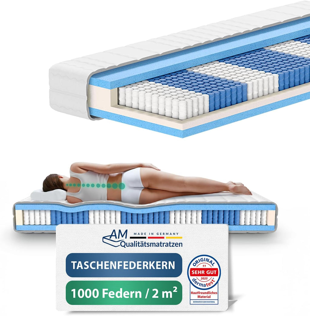 AM Qualitätsmatratzen 1000 Federn Taschenfederkernmatratze 90x200cm H3 24cm - Made in Germany & Oeko TEX Siegel - Federkernmatratze 90x200 mit Lyocell Bezug - 7 Zonen Matratze 90x200 H3