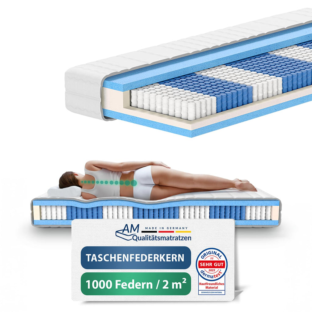 AM Qualitätsmatratzen 1000 Federn Taschenfederkernmatratze 90x200cm H3 24cm - Made in Germany & Oeko TEX Siegel - Federkernmatratze 90x200 mit Lyocell Bezug - 7 Zonen Matratze 90x200 H3