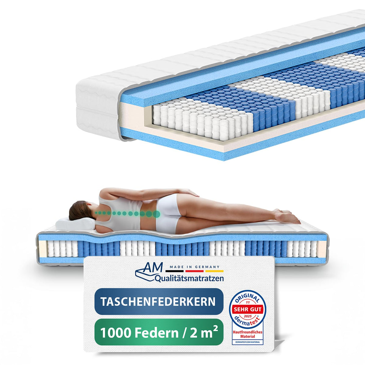 AM Qualitätsmatratzen 1000 Federn Taschenfederkernmatratze 90x200cm H3 24cm - Made in Germany & Oeko TEX Siegel - Federkernmatratze 90x200 mit Lyocell Bezug - 7 Zonen Matratze 90x200 H3