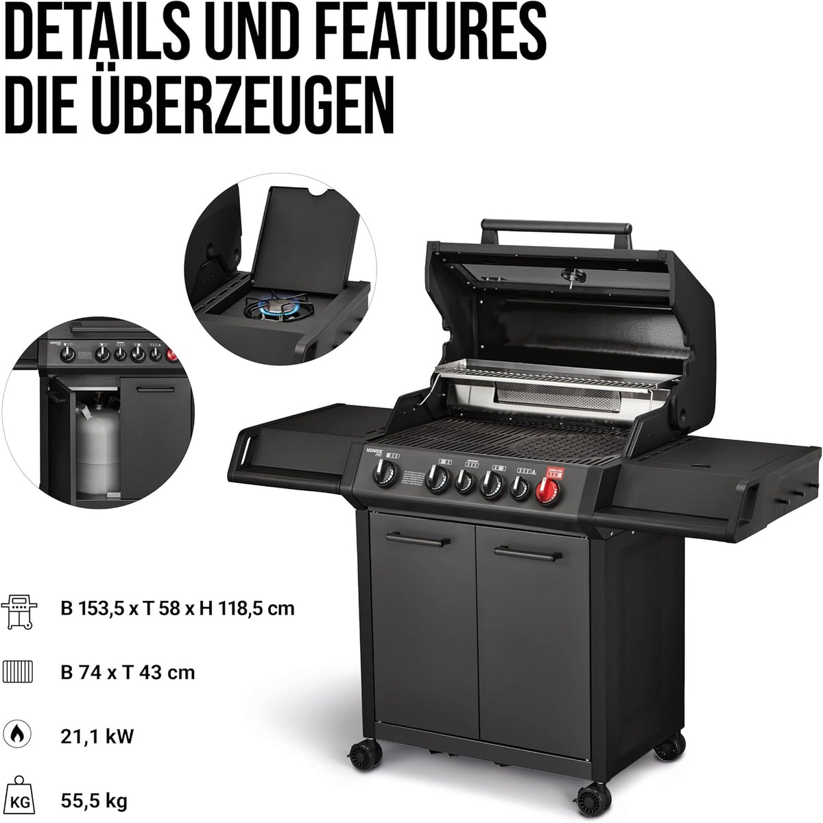 Enders® Gasgrill MONROE PRO 4 SIK TURBO SHADOW, 4-Edelstahlbrenner, Seitenkocher, Infrarot-Backburner, Sichtfenster, HEAT RANGE™, SWITCH GRID™, 800 °C TURBO ZONE™, SIMPLE CLEAN™, #8385
