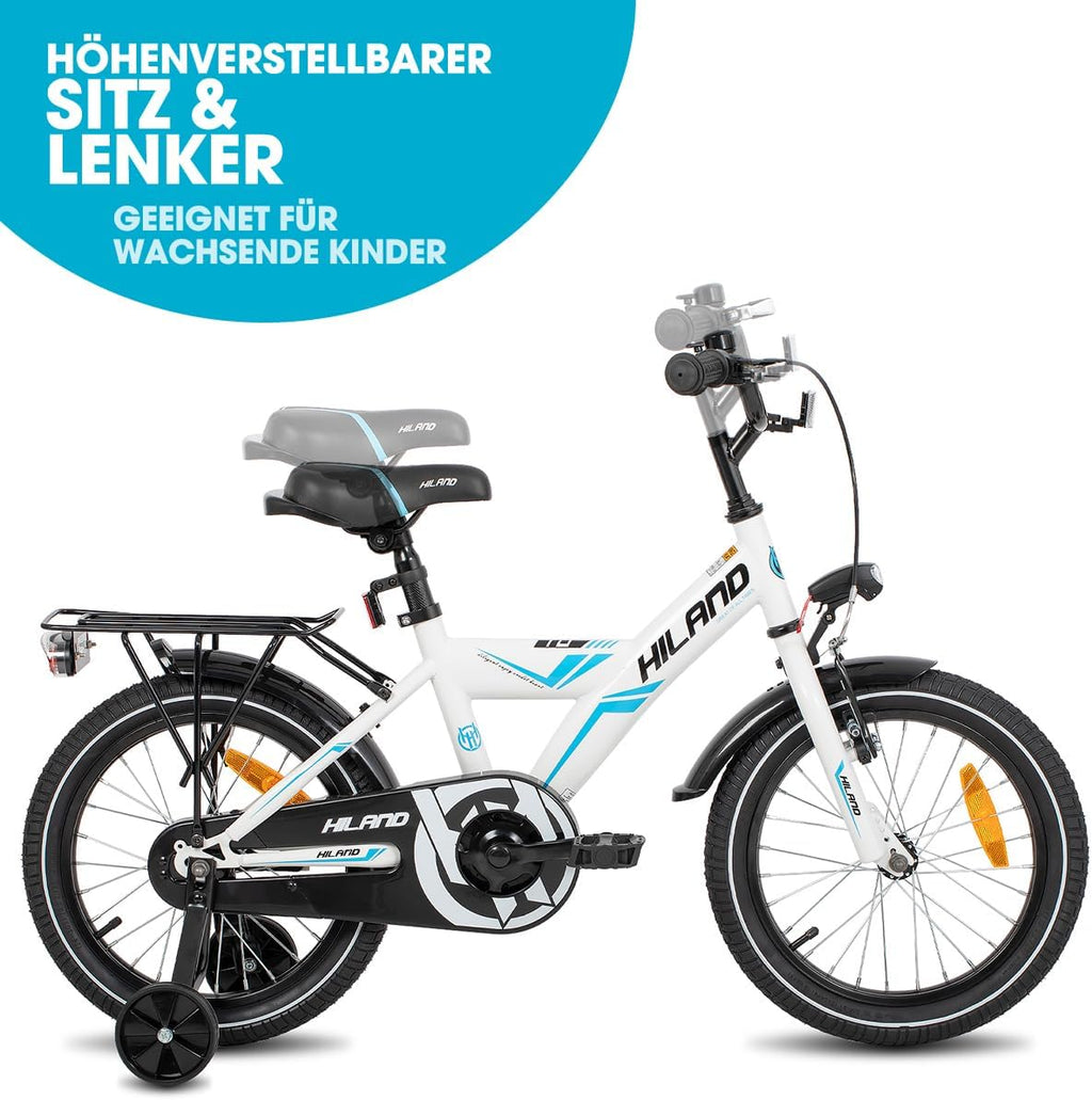 HILAND 16/18/20 Zoll Kinderfahrrad Mountainbike Kinder MTB für Jungen und Mädchen ab 4 5 6 7 8 9 Jahren Licht Gepäckträger Stützräder/Ständer, Schwarz/Weiß