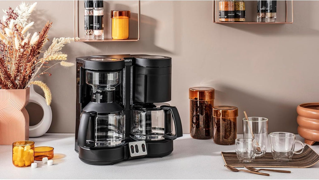KRUPS Filterkaffeemaschine Duothek Plus, Kombiautomat, 2 unabhängige Brühsysteme, Kaffee und Tee, 2 x 10 Tassen, 2 Schwenkfilter mit Tropfverschluß, 2 separate Wasserstandsanzeigen, Schwarz, KM8508