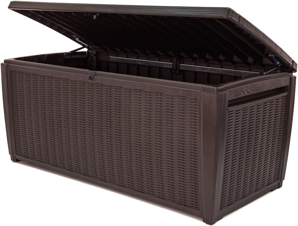 Keter Sumatra Auflagenbox, Kissenbox für draußen, 511 L, wetterfest, Deckel mit Gasdruckfeder, Außenmaße:145x73x64 cm, Sitzgelegenheit für 2 Personen, Braun