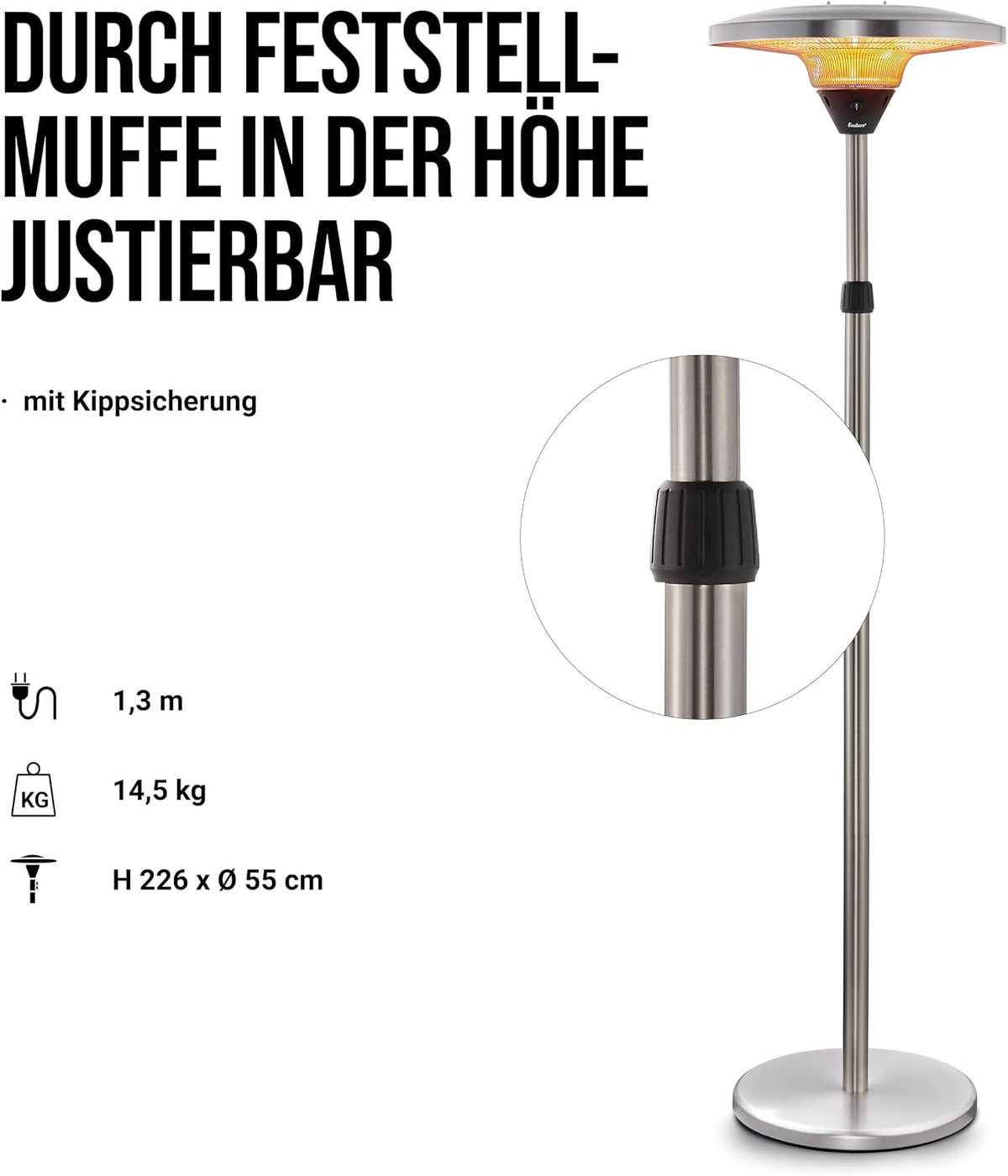 Enders Terrassenheize Oron, Elektro Standstrahler, Heizpilz, Terrasse und Balkon, höhenverstellbar, 2 Leistungseinstellungen, 1.000 - 2.000 Watt, Infrarot-Strahlungswärme, inkl. Kippsicherung #49076