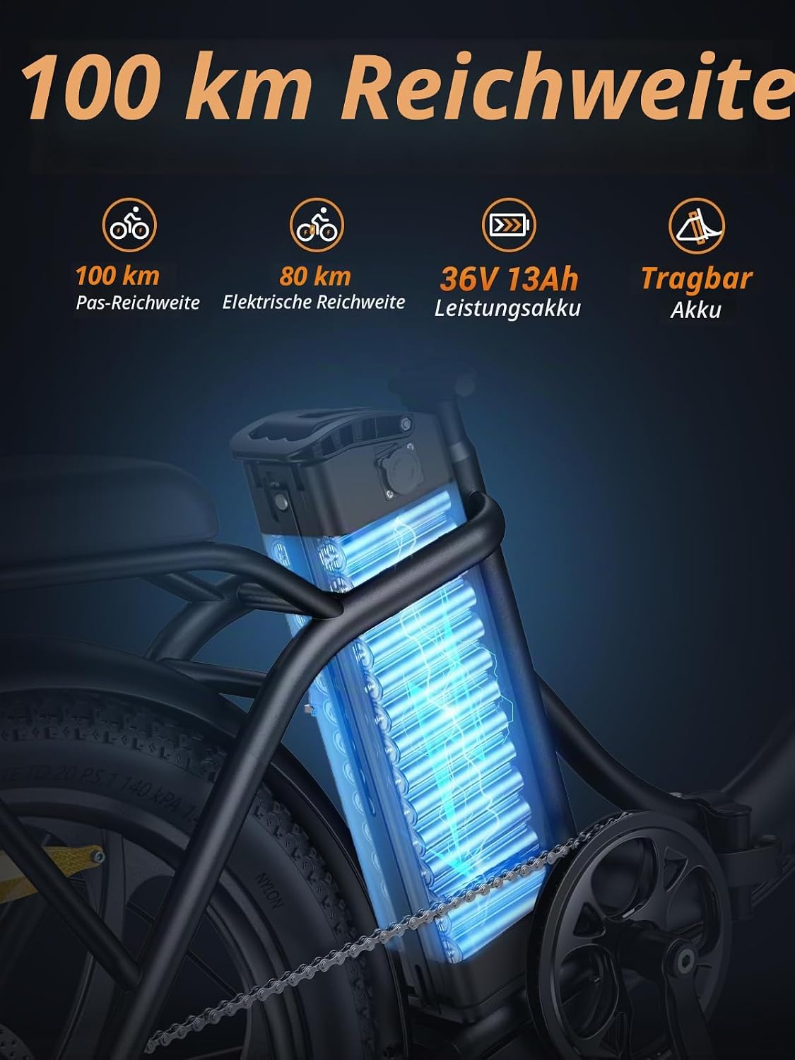 MilePort 1 Elektrofahrrad Für Erwachsene, 250W Klappbares Elektrofahrrad Mit 36V 13AH Abnehmbarem Akku, Geschwindigkeit 25KM/H und Reichweite 100KM, 20„* 3.0“ Fetter Reifen E-Bikes Für Stadtpendler