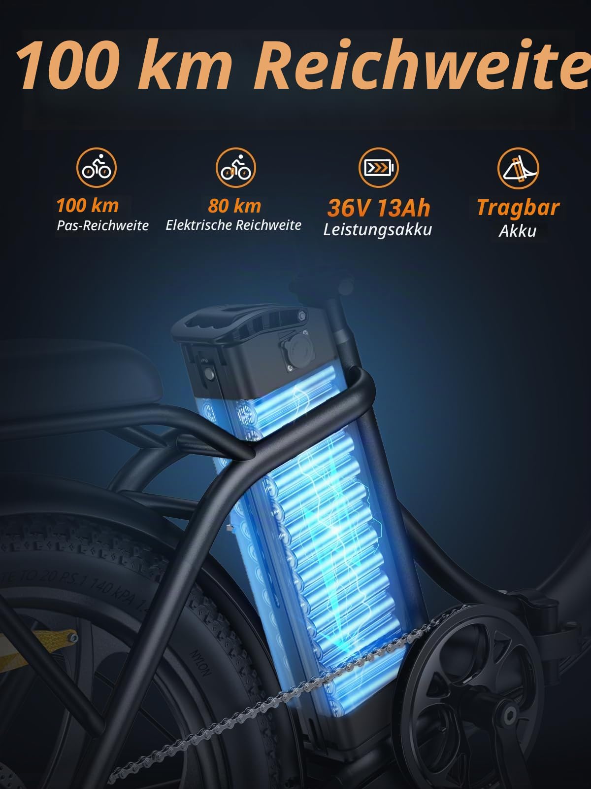 MilePort 1 Elektrofahrrad Für Erwachsene, 250W Klappbares Elektrofahrrad Mit 36V 13AH Abnehmbarem Akku, Geschwindigkeit 25KM/H und Reichweite 100KM, 20„* 3.0“ Fetter Reifen E-Bikes Für Stadtpendler