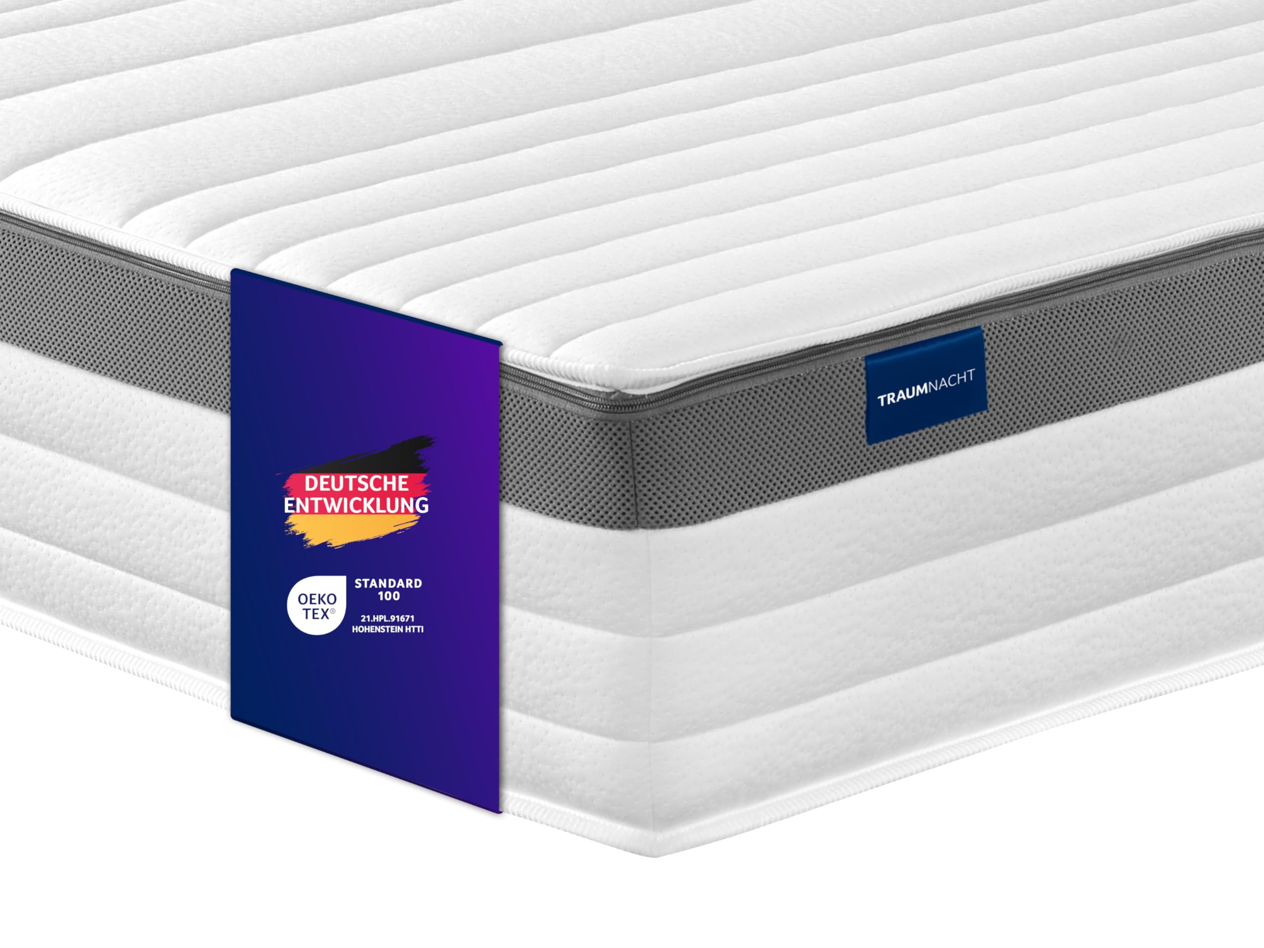 Traumnacht Exklusiv 7-Zonen 1.000er Tonnentaschenfederkernmatratze, Stiftung Warentest Testurteil Gut - Ausgabe 10/2023, 23 cm Premiumhöhe, Öko-Tex zertifiziert, Härtegrad 3 (H3), 90 x 200 cm