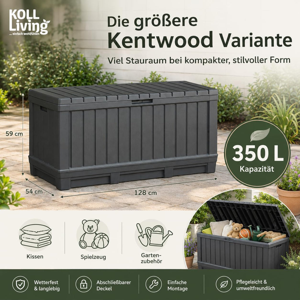 Koll Living Gartenbox Kentwood 350 Liter Stauraum anthrazit - kompakte Aufbewahrungsbox mit viel Platz für Sitzauflagen, Gartengeräte oder Kinderspielzeug - hält den Inhalt trocken & gut belüftet