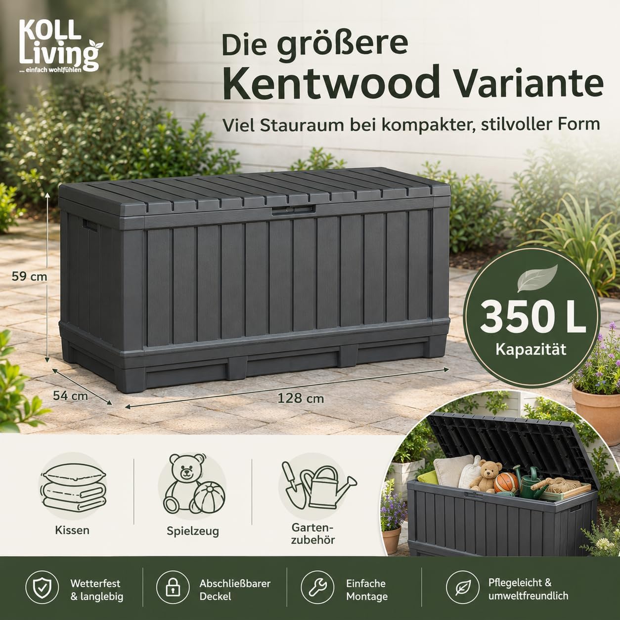 Koll Living Gartenbox Kentwood 350 Liter Stauraum anthrazit - kompakte Aufbewahrungsbox mit viel Platz für Sitzauflagen, Gartengeräte oder Kinderspielzeug - hält den Inhalt trocken & gut belüftet