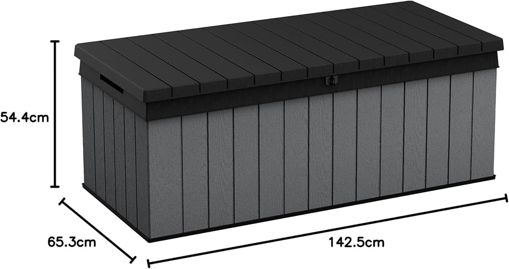 Keter Darwin Auflagenbox, Kissenbox, 380 l, Grau – Hydraulisches Kolbensystem mit Gasdruckfeder für Deckel, Abschließbar, Pflegeleicht, Holzoptik, Polsterbox