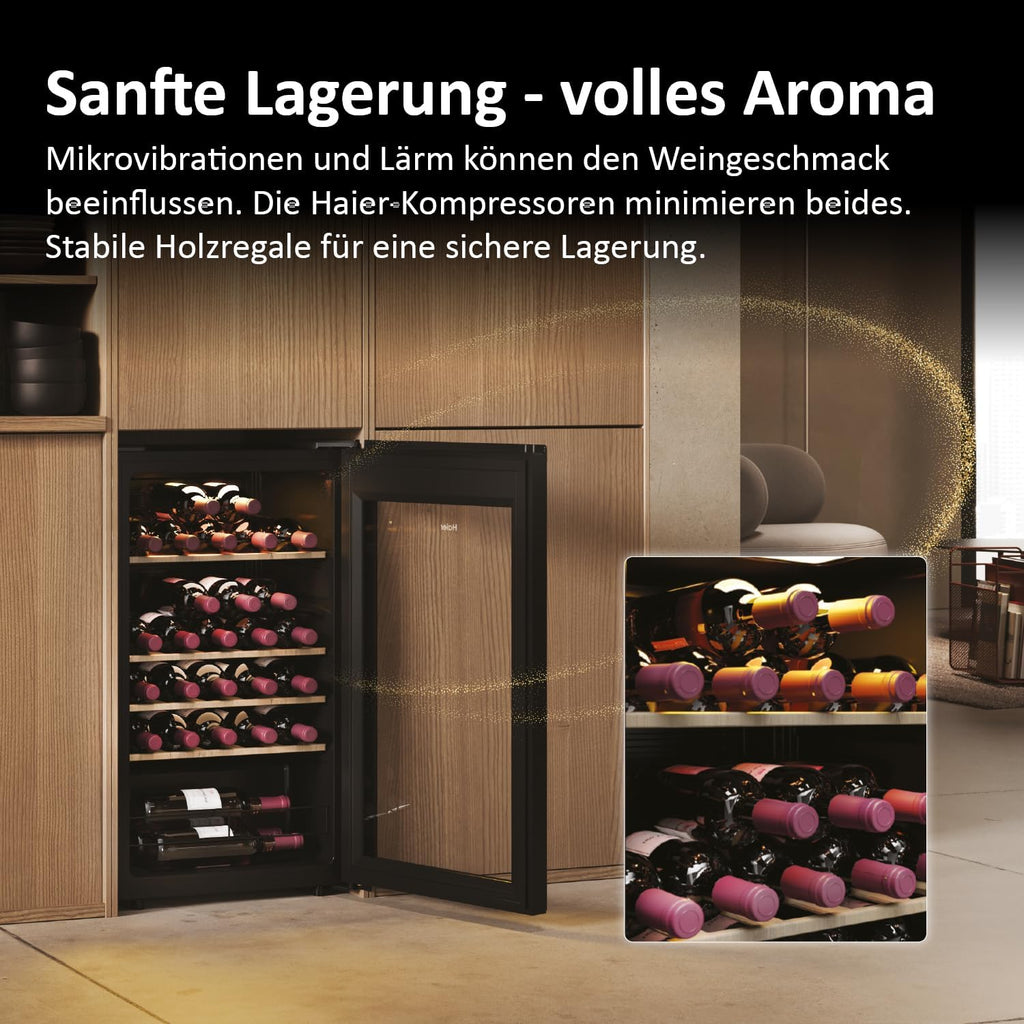 Haier HWS34GGH1 Series 3 Wine Fridge | For 34 bottles, modern wine fridge with UV glass door and 5 wooden shelves, wine cooler with Wi-Fi and touch display