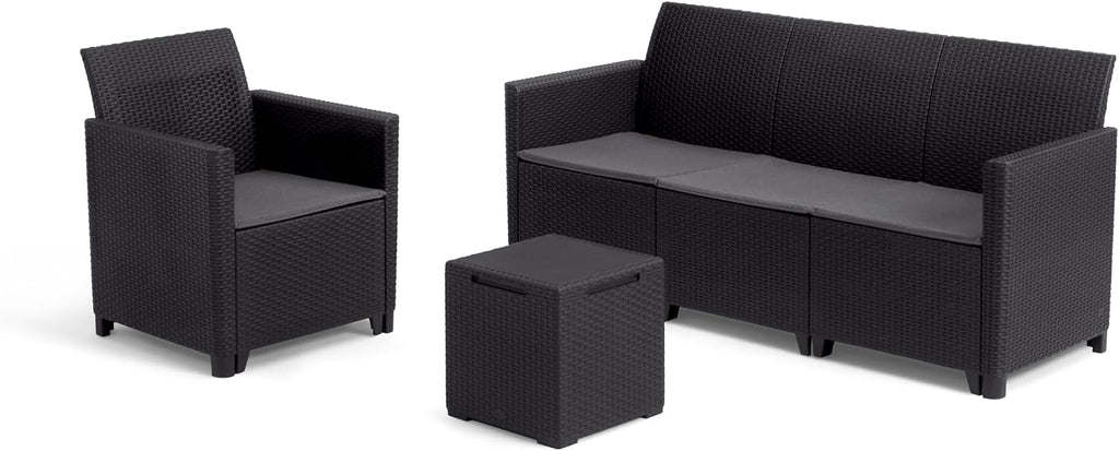 Keter Nora Gartenmöbel Lounge Set, inkl. Sitzkissen, grau, für 4 Personen, wahlweise 3er Sofa + Sessel oder 2x 2-Sitzer Sofa und Tisch