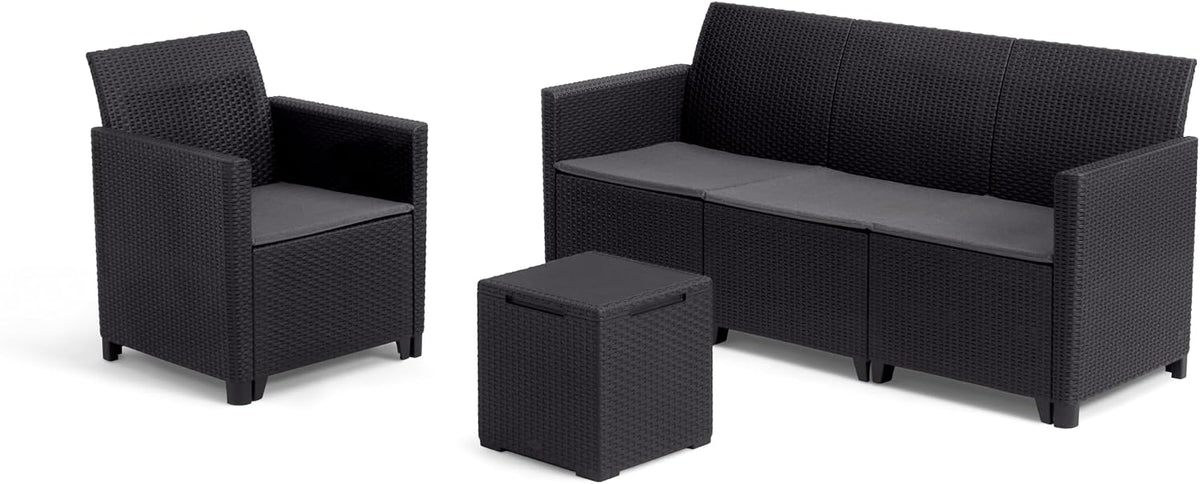 Keter Nora Gartenmöbel Lounge Set, inkl. Sitzkissen, grau, für 4 Personen, wahlweise 3er Sofa + Sessel oder 2x 2-Sitzer Sofa und Tisch