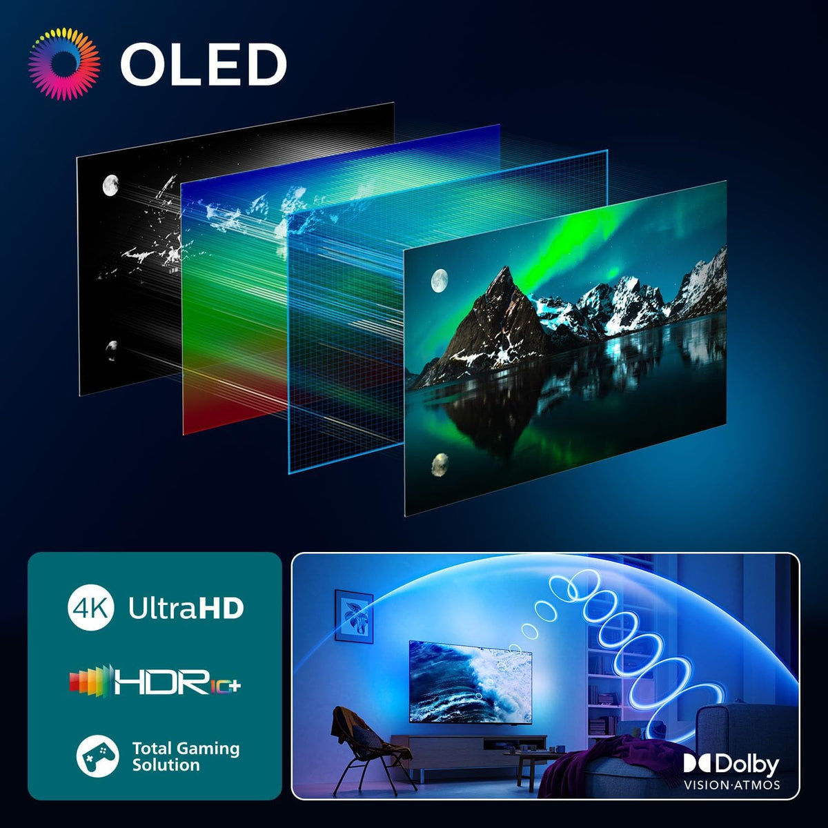 PHILIPS Ambilight 48OLED760 4K OLED Smart TV - 48 Zoll Display mit P5 AI Perfect Picture Engine Ultra HD, Titan OS, Dolby Vision und Atmos Sound - Funktioniert mit Alexa und Google Sprachassistent