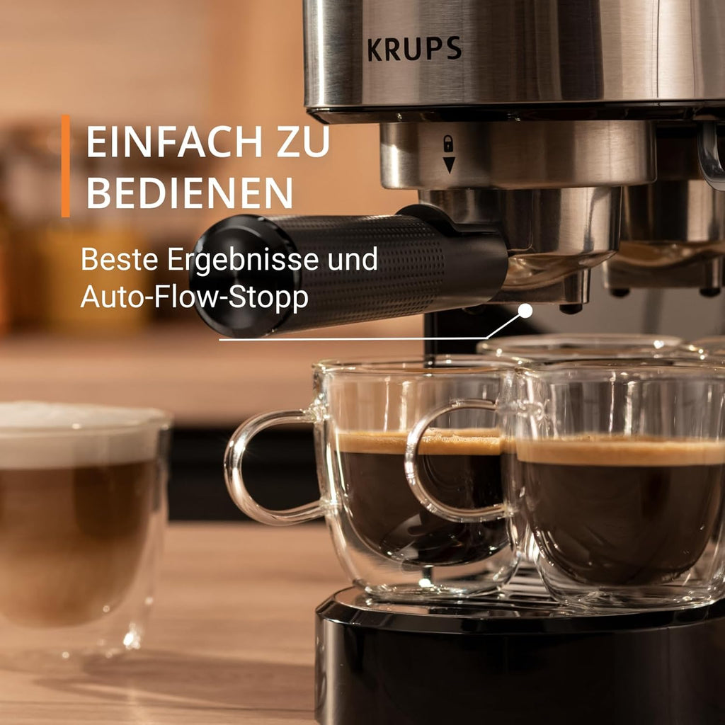 Krups Virtuoso Essential Espresso-Siebträgermaschine, 15 bar, Edelstahl-Applikationen, schlankes Design, Bedienfeld mit 4 Funktionen, inkl. Barista-Zubehör, Edelstahl, XP441810