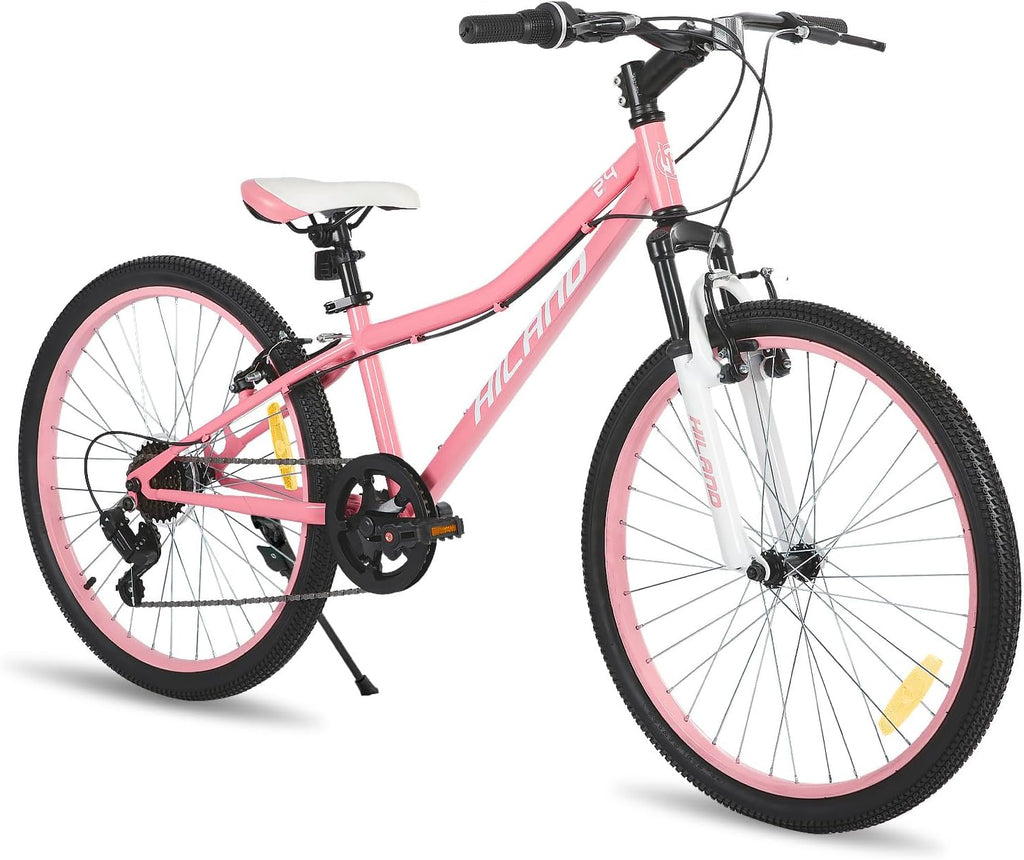 HILAND Climber 24 Zoll Kinderfahrrad, Kinder Mountainbike für Jungen Mädchen mit Federgabel 7 Gang, Kinder MTB mit V-Bremsen, Schwarz/Blau/Mintgrün/Rosa