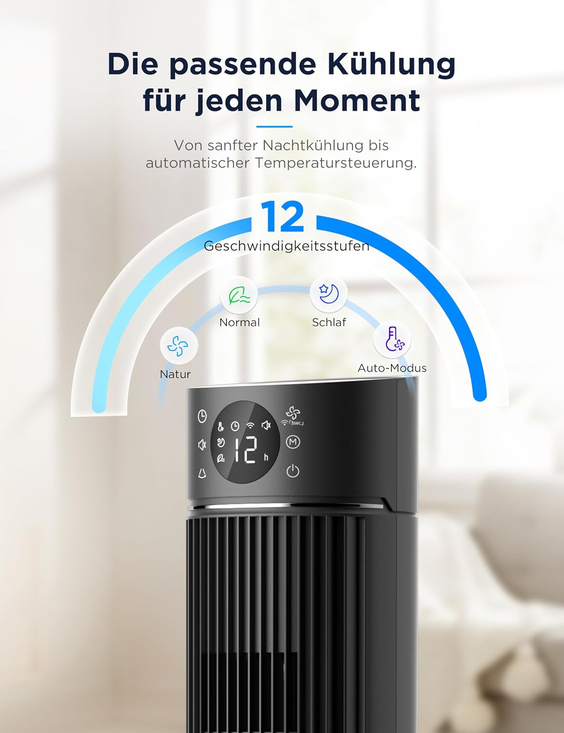 Midea Turmventilator FZ10-26ARDW, 105cm, DC-Motor, App-Steuerung | 19dB Fluesterleise, 4 Modi, 12 Stufen, 24h Timer, Alexa & Google, fuer Schlafzimmer, Wohnzimmer & Buero