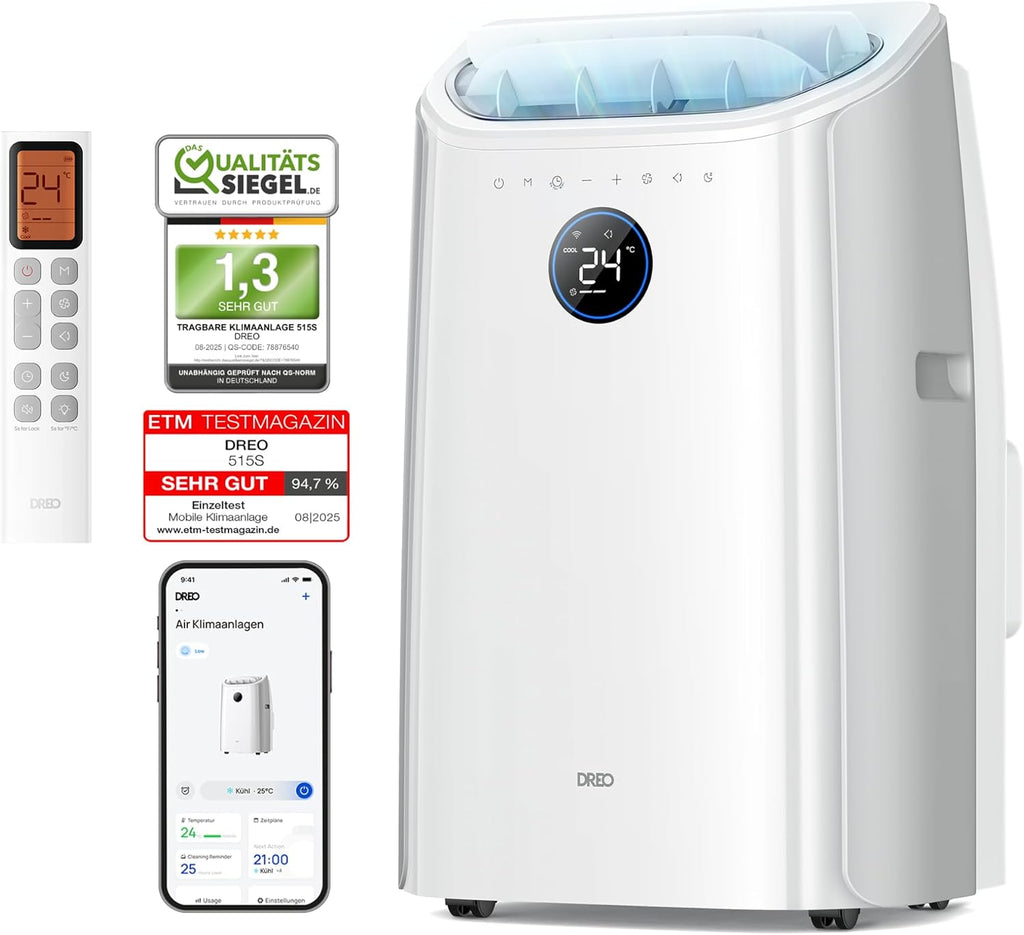 DREO Klimaanlage Mobil, 10.000 BTU Tragbares Klimagerät für Schlafzimmer, 3-in-1 Kühlen/Ventilieren/Entfeuchten, drainagefreie Kühlung, App-/Sprachsteuerung/Fernbedienung, 24h-Timer, AC515S