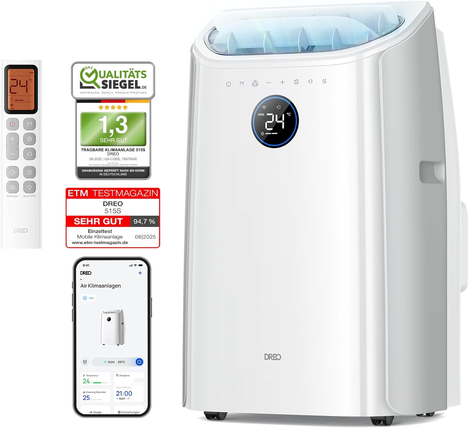 DREO Klimaanlage Mobil, 10.000 BTU Tragbares Klimagerät für Schlafzimmer, 3-in-1 Kühlen/Ventilieren/Entfeuchten, drainagefreie Kühlung, App-/Sprachsteuerung/Fernbedienung, 24h-Timer, AC515S