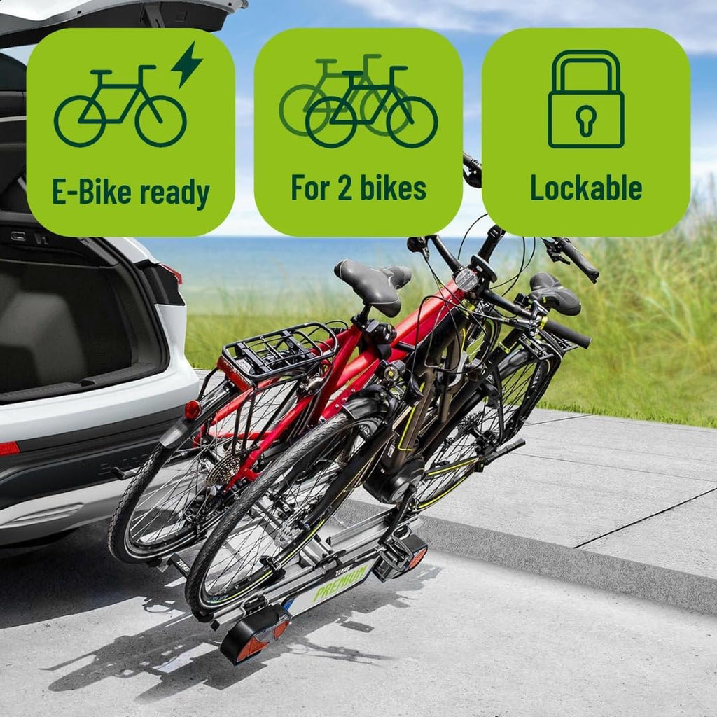 EUFAB 12011LAS Fahrradträger PREMIUM, E-Bike geeignet, komplett vormontiert, Diebstahlschutz, für 2 Fahrräder, für Anhängerkupplung, schwarz, grau