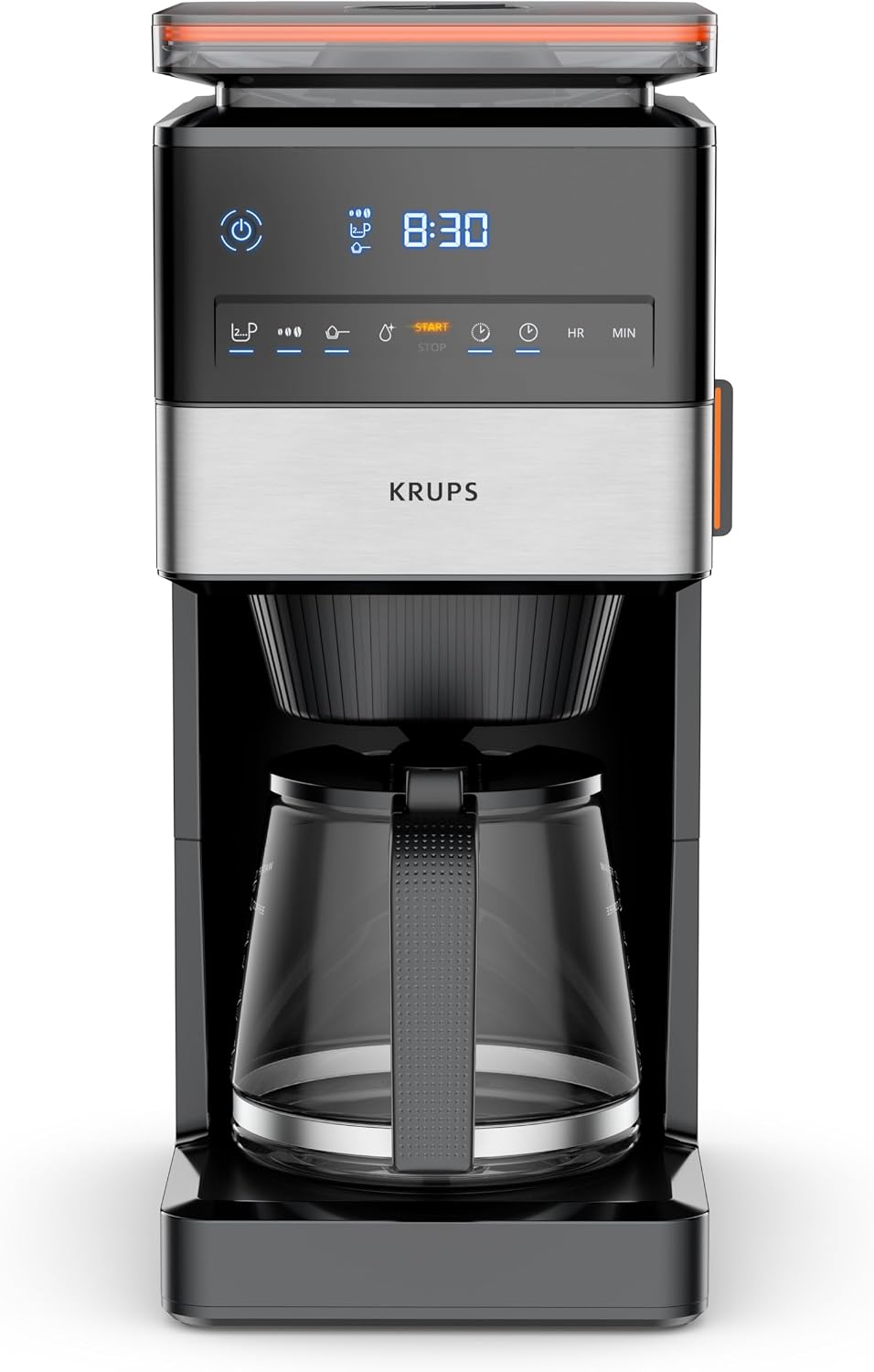 KRUPS Grind Aroma XL Filterkaffeemaschine, abnehmbares Kegelmahlwerk, digitales Bedienfeld, XL-Fassungsvermögen (1,5 L), Warmhaltefunktion, Glaskanne, Schwarz/Edelstahl, KM842810