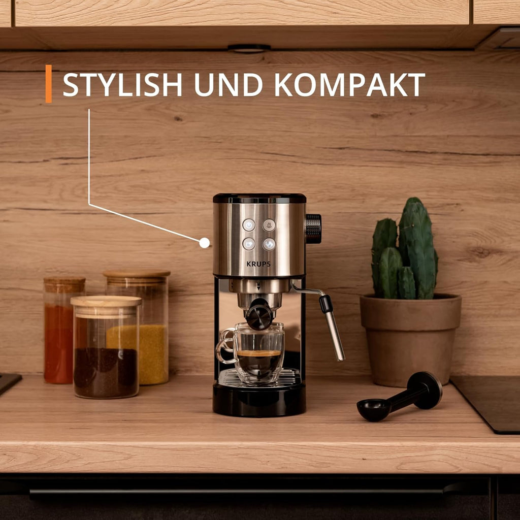Krups Virtuoso Essential Espresso-Siebträgermaschine, 15 bar, Edelstahl-Applikationen, schlankes Design, Bedienfeld mit 4 Funktionen, inkl. Barista-Zubehör, Edelstahl, XP441810