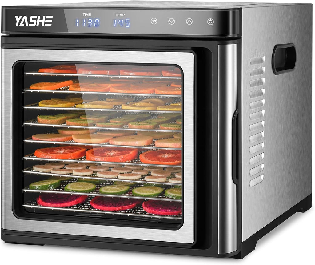 Edelstahl Dörrautomat, 1000W Dörrgerät für Obst und Gemüse mit LED-Anzeige, präziser Temperaturregelung (35-75°C), 48-Stunden-Timer, 9 Edelstahlschalen, 2 Maschensiebe, 1 Schale für Obstrolleno
