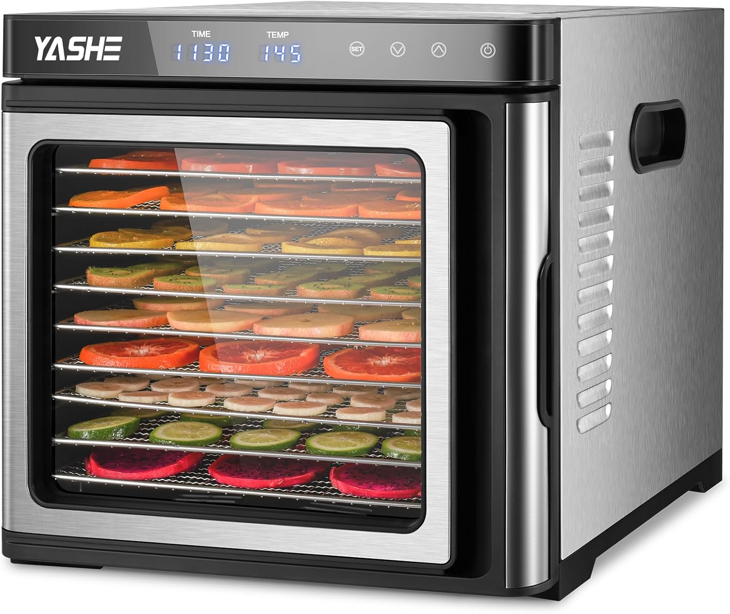Edelstahl Dörrautomat, 1000W Dörrgerät für Obst und Gemüse mit LED-Anzeige, präziser Temperaturregelung (35-75°C), 48-Stunden-Timer, 9 Edelstahlschalen, 2 Maschensiebe, 1 Schale für Obstrolleno