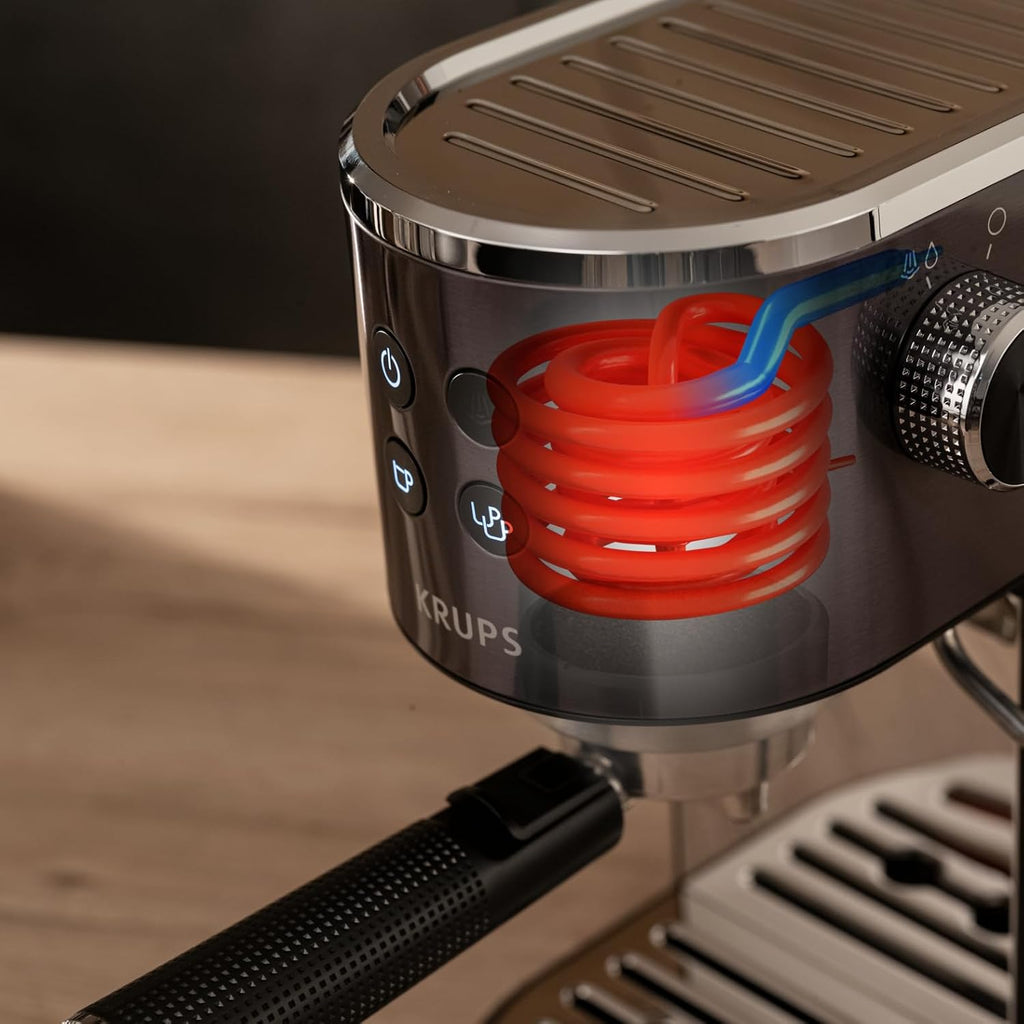 Krups Virtuoso+ Espresso-Siebträgermaschine, 15 bar Pumpendruck, 3 Crema-Filter, Edelstahl-Dampfdüse, intuitives Bedienfeld, Drehregler, inkl. Dosierlöffel und Tamper, Schwarz/Edelstahl, XP444G