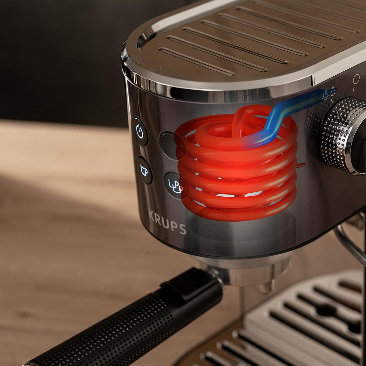 Krups Virtuoso+ Espresso-Siebträgermaschine, 15 bar Pumpendruck, 3 Crema-Filter, Edelstahl-Dampfdüse, intuitives Bedienfeld, Drehregler, inkl. Dosierlöffel und Tamper, Schwarz/Edelstahl, XP444G