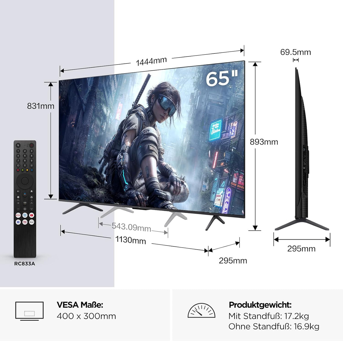 TCL 65T8D QD-Mini LED 65 Zoll Fernseher, 4K Smart TV, Google TV, 144 Hz